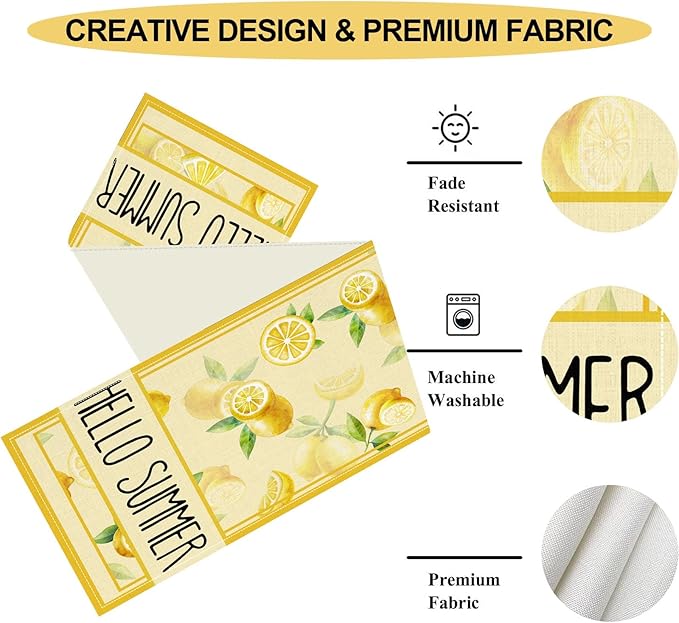 Summer Lemon Table Runner, Farmhouse Seasonal Spring Yellow Fresh Fruits Country Coffee Cafe Table Center Decor for Home Kitchen Dining Party Patio Indoor Outdoor Table Decorations, 13"x72" Inch