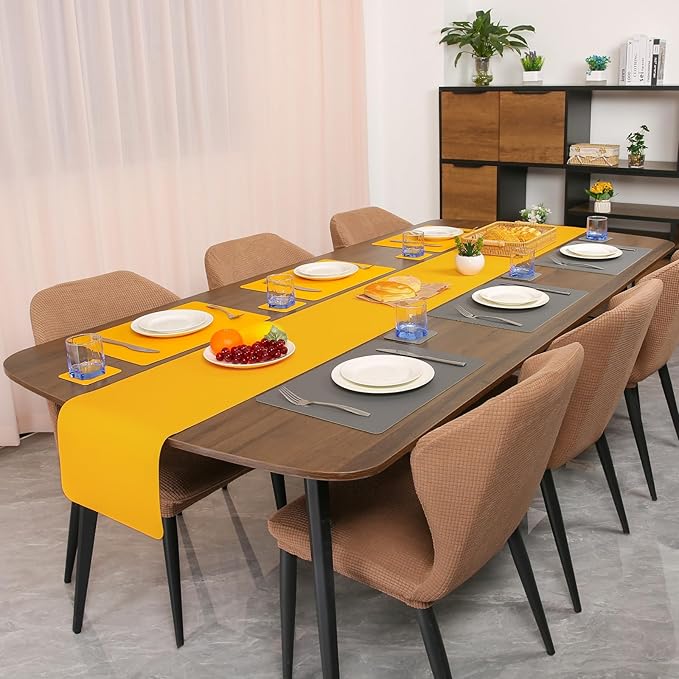 Myir JUN Table Runner Double Sided Vinyl Runner Table 72 Inch Long Runner for Table Washable Waterproof Non-Slip for Home Decorations Gray Yellow,12 x 72 inch