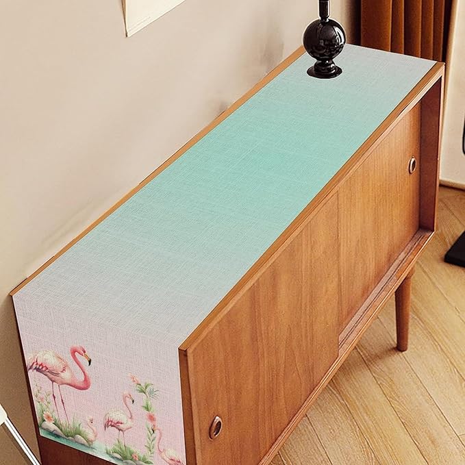 Flamingo Table Runner,Teal Pink Flamingo Family with Flowers Grass Watercolor Style Table Center Decor for Family Kitchen and Living Room Outdoor Farmhouse Party Table Decorations, 13"x90"