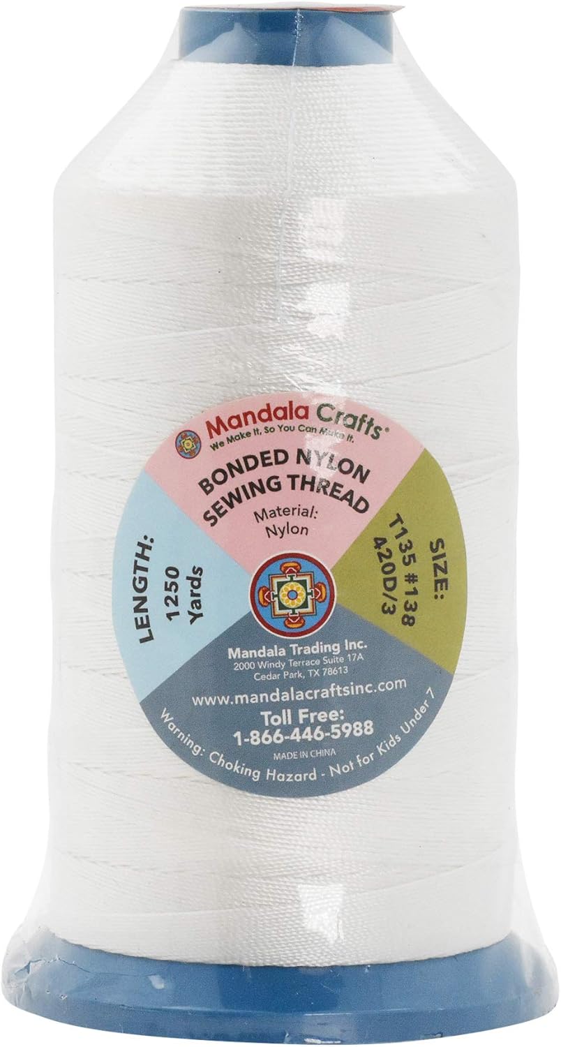 Mandala Crafts Bonded Nylon Thread White Heavy Duty Sewing Threads - 1250 YDs Size 138 420D T135 Tex 135 Thread for Leather Jeans Weaving Outdoor Marine Upholstery Threads