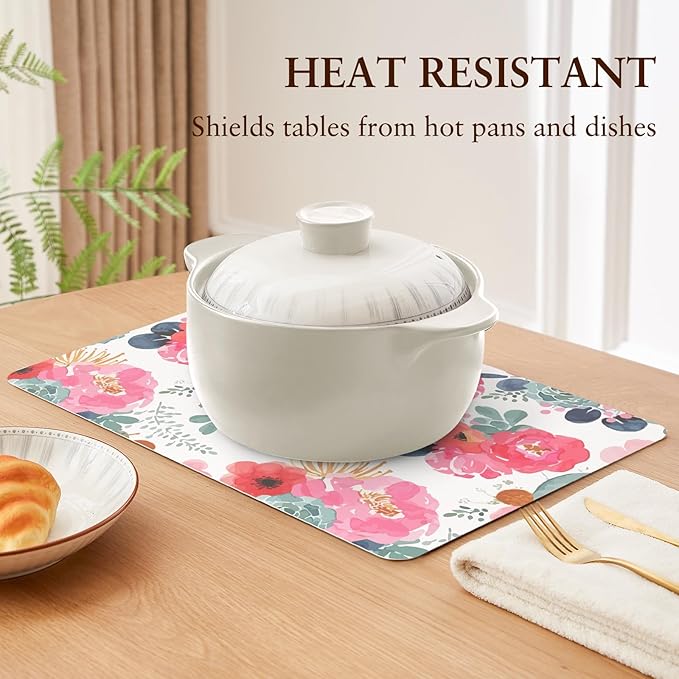 QIYI Placemats Set of 6, 12x18 Inch Faux Leather Place Mats for Kitchen Dinning, Heat Resistant Anti Slip Floral Table Mats, Waterproof Washable Placemat Party Table Décor, Watercolor Pink Flowers