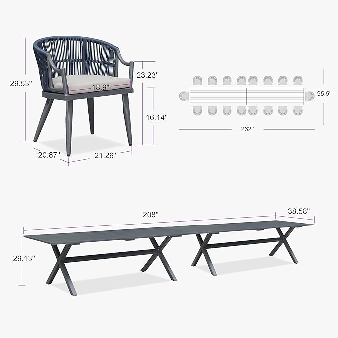 PURPLE LEAF 20 Pieces Outdoor Dining Set All Weather Wicker Patio Dining Set with Rectangular Aluminum Table and Modern Armrest Dining Chairs for Garden Deck Backyard Kitchen, Grey