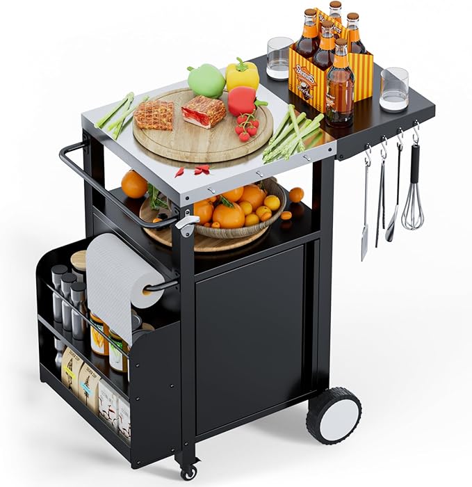 ROOMTEC Outdoor Grill Cart with Storage,Movable Modular BBQ Cart,Waterproof Patio Kitchen Island with Hooks and Spice Rack,Bar Patio Kitchen Island Prep Stand Cabinet with Cover