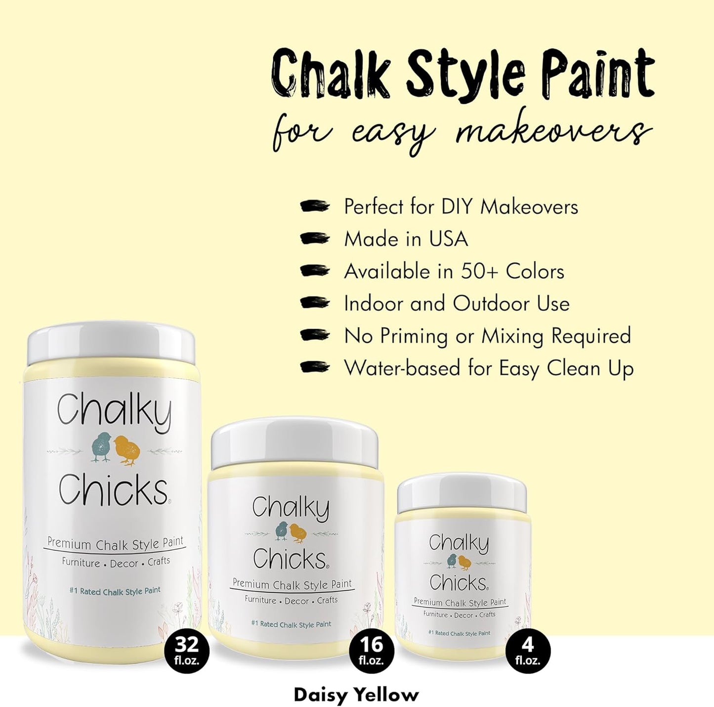 Chalky Chicks All-in-One Chalk Paint for Furniture or Cabinet - 32 Fl Oz - Matte Finish Daisy (Light Yellow) for Metal, Wood Furniture Paint - No Sanding All-in-One for Home Decor & Crafts, USA Made