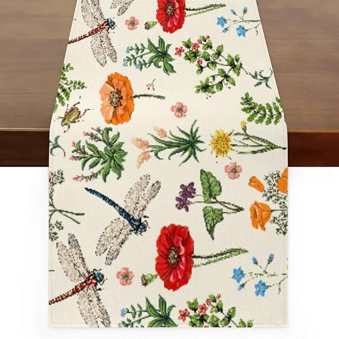 Flowers Dragonflies Table Runner Kitchen Dining Table Runner 13*90in Table Center Decor for Indoor Outdoor Home Holiday Party