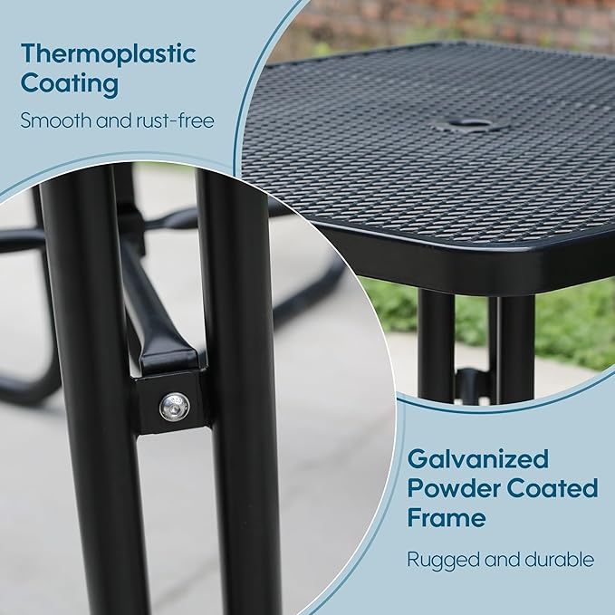 46'' Square Metal Picnic Table for Outdoors, Commercial Steel Metal Picnic Tables, Heavy Duty Sturdy Picnic Tables Furniture Set for Patio Garden Courtyard BBQ, with Umbrella Hole, Black