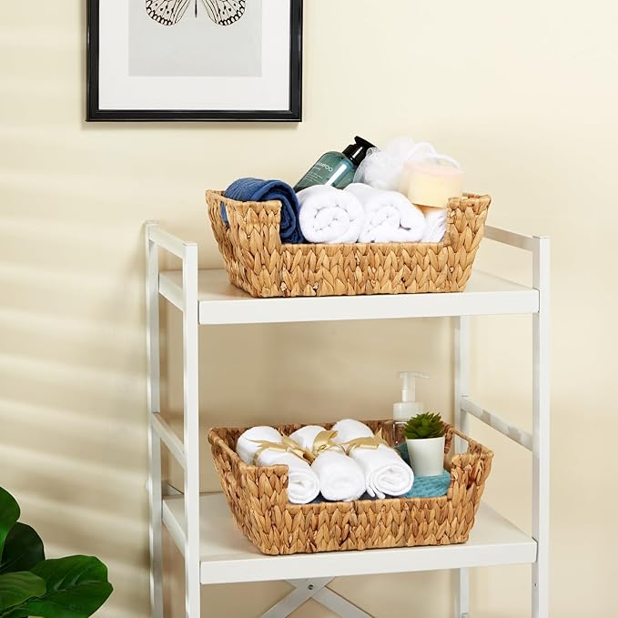 Wicker Baskets 2 Pack, Water Hyacinth Wicker Storage Basket with Handles, Pantry Baskets Organization and Storage, Handmade Large Wickers Baskets for Organizing, Natural