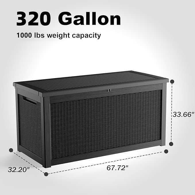 320 Gallon Waterproof Outdoor Storage Box, UV Resistant Resin Deck Box with Hydraulic Rod for Reinforced Stability, Perfect for Patio, Garden, and Pool（Black，320 Gallon）
