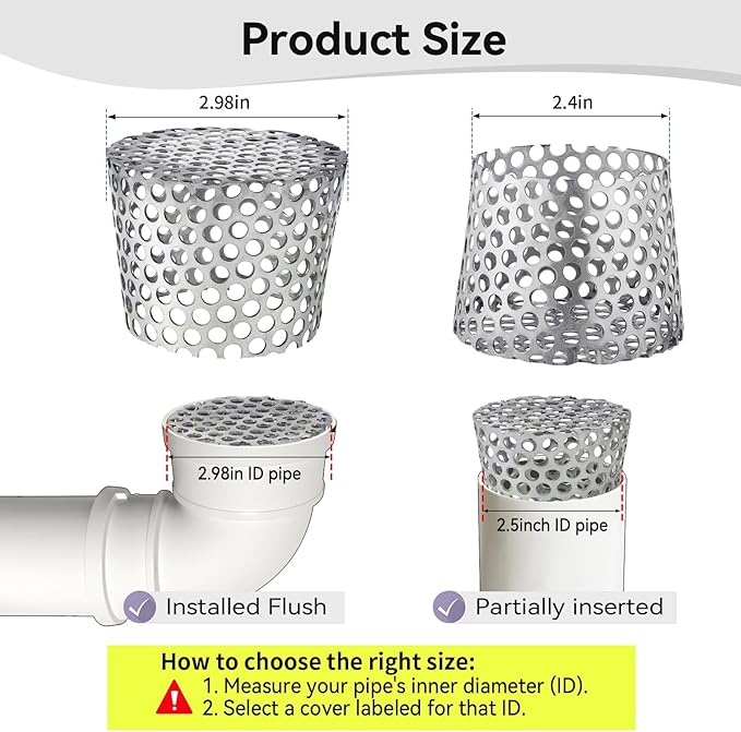 PVC Termination Mesh Vent Cover - 2Pack, Furnace&Roof Vent Cap, OD 2.4 to 2.98in Multihole Mesh for 2.5 to 2.98in ID Pipe, Stainless Steel Conical Vent Mesh, Used for Keep Birds and Leaves Debris Out