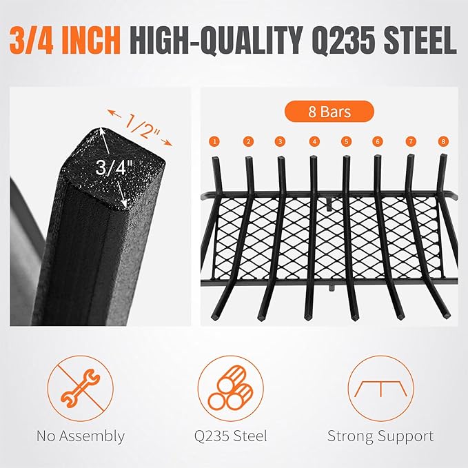 INNO STAGE Fireplace Grates with Ember Retainer - 30 Inch Fireplace Log Grate, Firewood Wood Log Holder Rack, Inside Wrought Cast Iron Fire Grate for Hearth Indoor Outdoor Camping