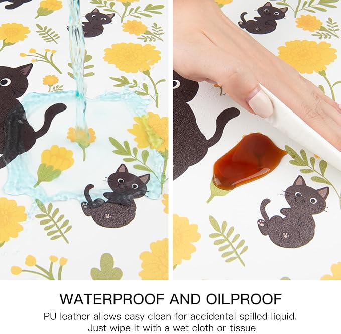 QIYI Placemats Set of 6, 12x18 Inch Faux Leather Place Mats for Kitchen Dinning, Heat Resistant Anti Slip Flower Table Mats, Waterproof Wipeable Washable Placemat Party Table Décor, Cute Black Kittens