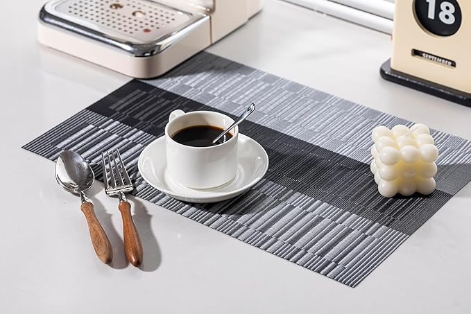 LEXMORE Placemats Vinyl/Plastic Woven Place Mats for Kitchen Table Indoor/Outdoor Washable Placemat Wipeable Dining Table Mats Set of 12 (Silver Gray Black)