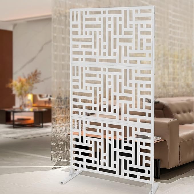 75" H×35" W Decorative Outdoor Privacy Screen with Stand, Outdoor Decor Privacy Fence Screen Metal Fence Panels, Free Standing Metal Divider for Patio Lawn Deck (White-Street)
