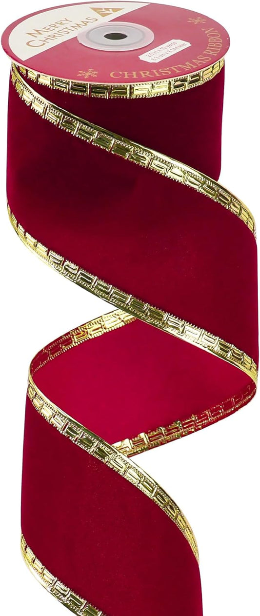 MEEDEE Burgundy Velvet 2.5 Inch Dark Red Christmas Ribbon 10 Yards Wired with Gold Greek Key Edge for Tree Decoration