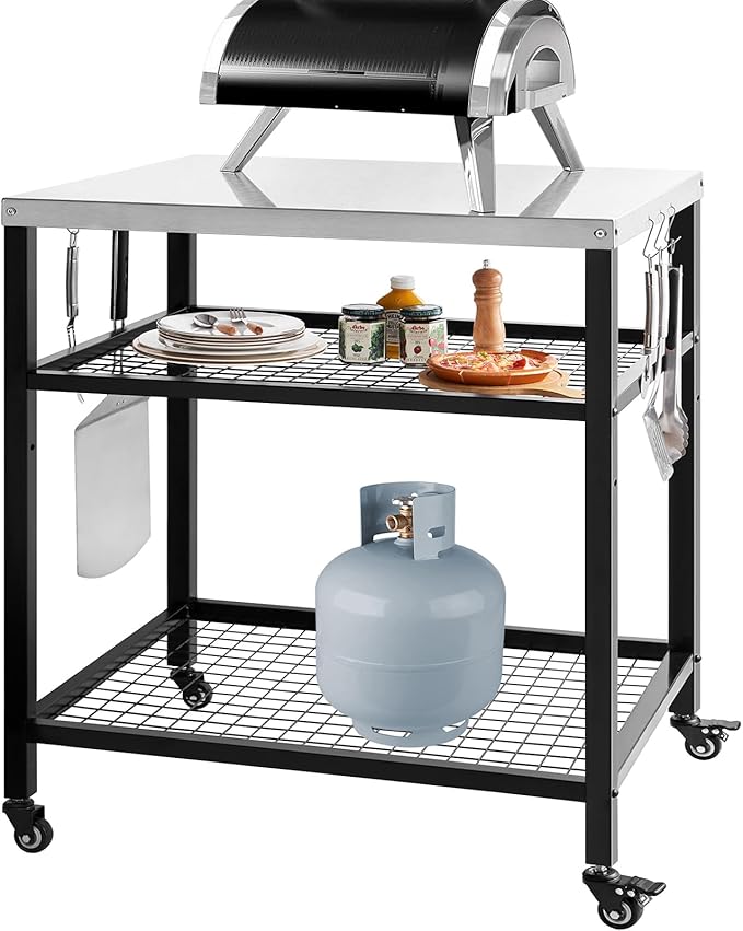 Stainless Steel Grill Cart with Cover Pizza Oven Stand with Water-proof Cover Trolley Table with Wheels Three-Shelf Movable Food Prep and Work Table Heavy Duty Grill Cart Outdoor 31.5"×24"×35.5"