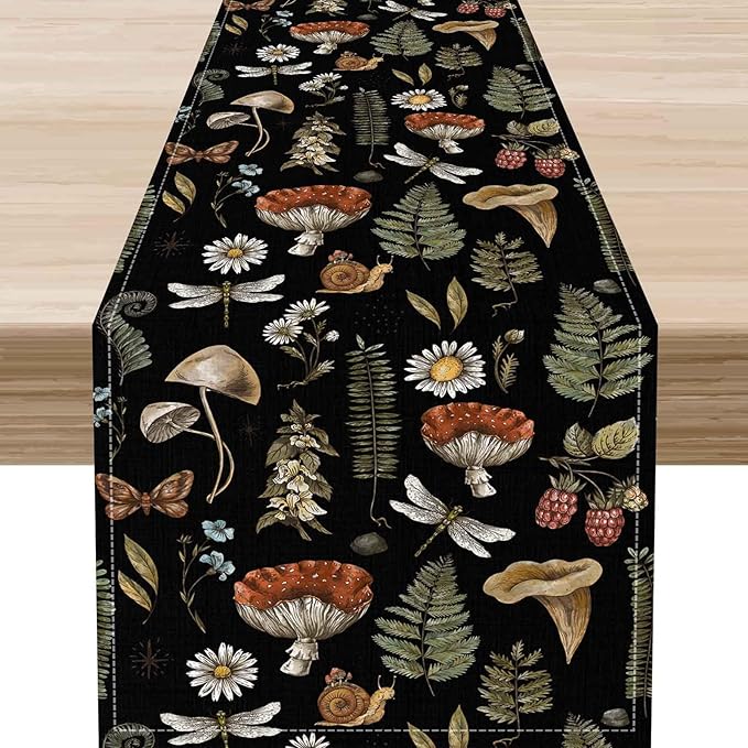 Mushroom Table Runner, Rustic Farmhouse Forest Plants Botanical Country Black Coffee Table Center Decor for Home Kitchen Dining Patio Holiday Party Indoor Outdoor Table Decorations, 13"x72" Inch