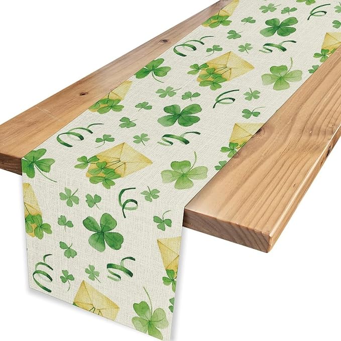 Clover Table Runner,Retro Rustic Green Shamrock Yellow Envelope Spring Seasonal Holiday St.Patrick's Day Table Center Decor for Home Kitchen Dining Holiday Party Indoor Decorations, 13"x90"