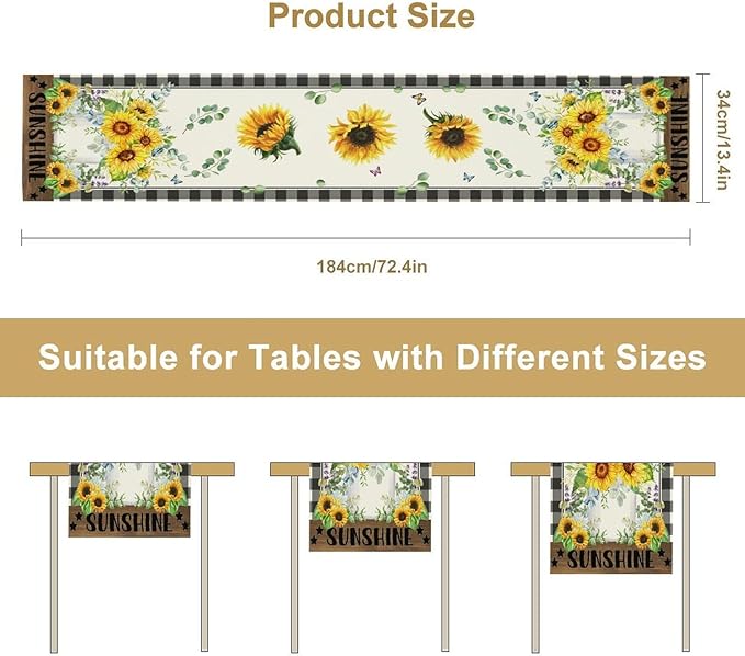Sunflower Table Runner, Buffalo Floral Seasons Spring Summer Fall Table Runner for Kitchen Dining Farmhouse Home Party Outdoor 13x70in