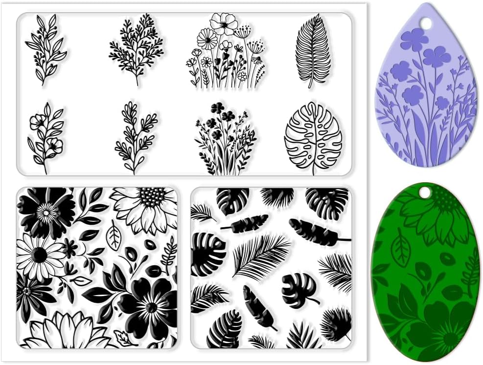 CHGCRAFT Polymer Clay Texture Sheets Leaves and Flowers Pattern Silicone Clay Texture Mat Botany Clear Silicone Molding Pattern Sheets for DIY Crafts Projects and Making Earrings Necklace Bracelet