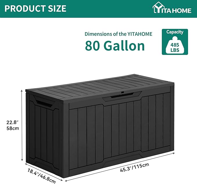 YITAHOME 80-Gallon Waterproof Resin Outdoor Storage Box, Lockable Storage Container for Outdoor Furniture, Cushion Storage, Pool Accessories, Garden Tools and Sporting Gear, Black