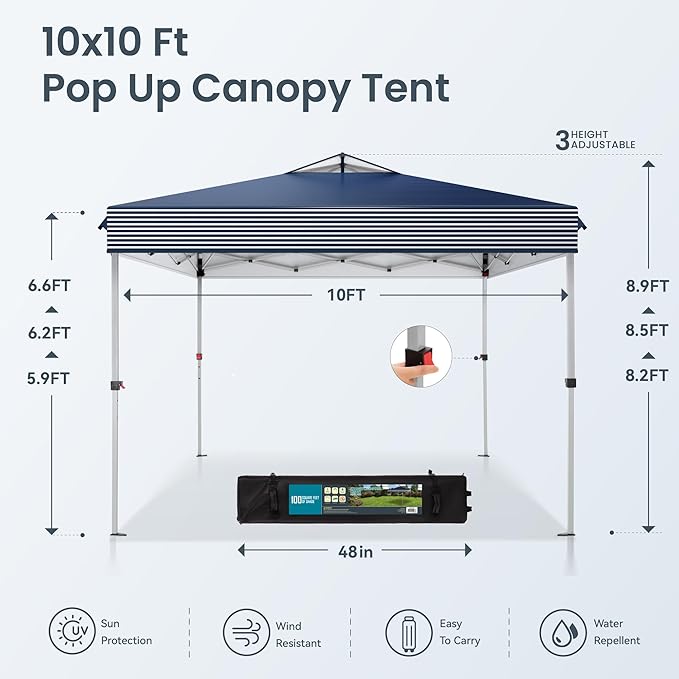 PHI VILLA Pop Up Canopy 10 10 Tents for Parties with Wheeled Bag, Portable Lightweight Folding w/Adjustable Height,Blue and White Stripes