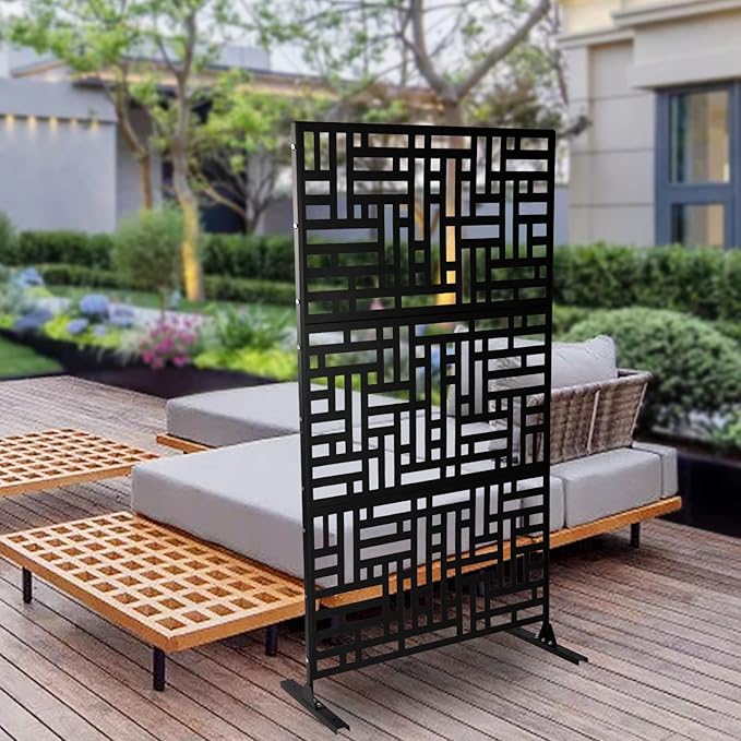 75" H×35" W Decorative Outdoor Privacy Screen with Stand, Outdoor Decor Privacy Fence Screen Metal Fence Panels, Free Standing Metal Divider for Patio Lawn Deck (Black-Street)