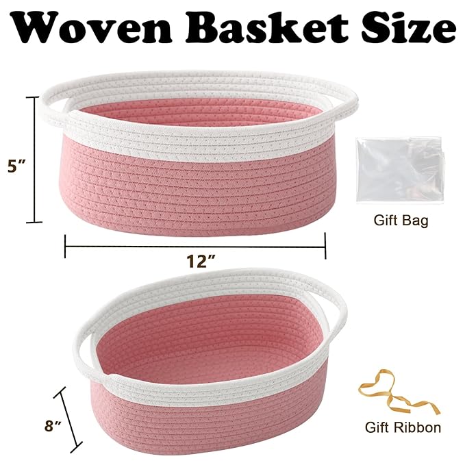 Gift Basket with Gift Bag and Ribbons,Small Rope Woven Shelf Storage,Baskets for Gifts Empty,Birthday,Baby Shower,Decorative Organizer Box with Handles(White&Pink)