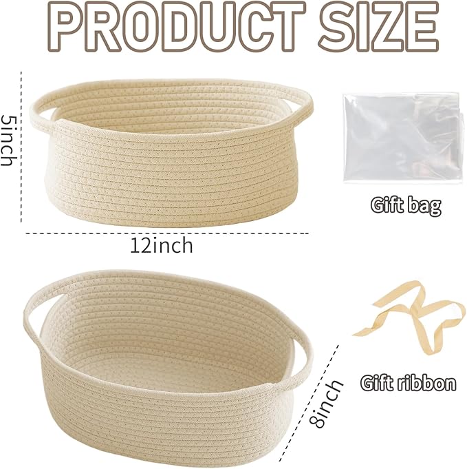 Woven Basket,Small Rope Storage Bin with Handles & Ribbon Bag, Organizer for Shelves Closets,Gift Basket Empty for Birthday,Books,Dog Toys,Beige/3 Pack