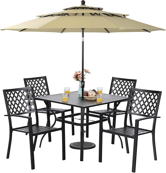 Sophia & William Metal Outdoor Patio Dining Set 6 PCS with 10ft 3 Tier Auto-tilt Umbrella(Beige), 4 x Metal Outdoor Chairs, 1 x Square 37"x 37" Dining Table and 1 Patio Umbrella
