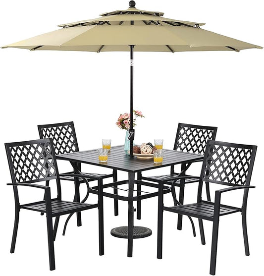 Sophia & William Metal Outdoor Patio Dining Set 6 PCS with 10ft 3 Tier Auto-tilt Umbrella(Beige), 4 x Metal Outdoor Chairs, 1 x Square 37"x 37" Dining Table and 1 Patio Umbrella