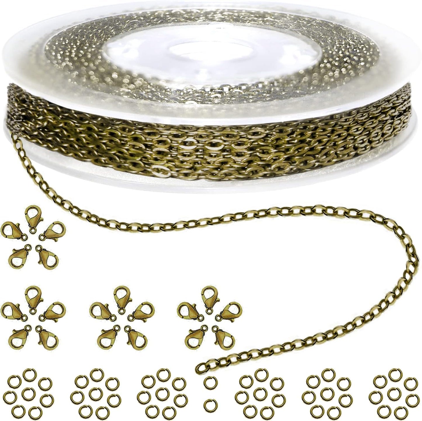 Jishi 33ft Link Cable Chain Roll 2mm, Bronze Chain for Jewelry Making Necklace Earring Bracelet DIY Craft Jewelry Making Findings Supplies, Bronze Plated Iron Metal Rolo Necklace Chain Spool Set