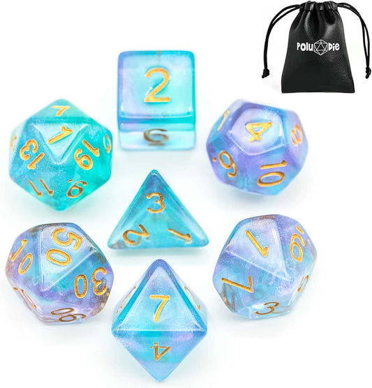 7-Die DND Dice Set Polyhedral Dice Set with a Leather Dice Bag, D&D Dice Set for Dungeons and Dragons, RPG Table Games (Purple Cyan/Glitter)