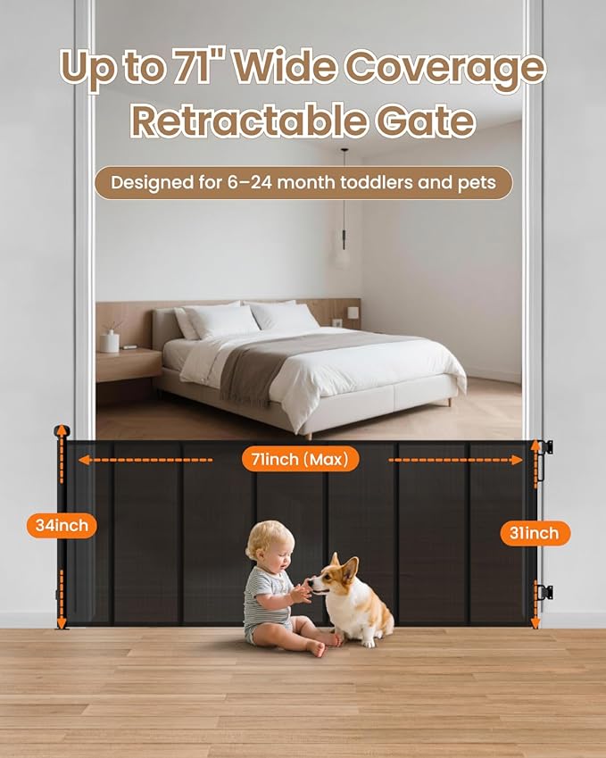 Upgraded Retractable Baby Gate - 71" Wide 34" Tall Mesh Child Safety Gate with High-Density Reinforced Rods, Easy One-Hand Operation Retractable Dog Gate, Fits Baseboards, Black