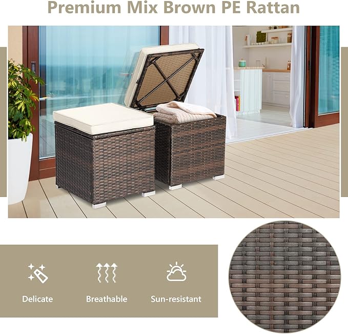 Tangkula 2 Pieces Patio Ottomans, Patiojoy Hand-Woven PE Rattan Side Table with Removable Cushion & Hidden Storage Space, Multifunctional Storage Box, Seat for Patio, Backyard, Poolside (Off White)