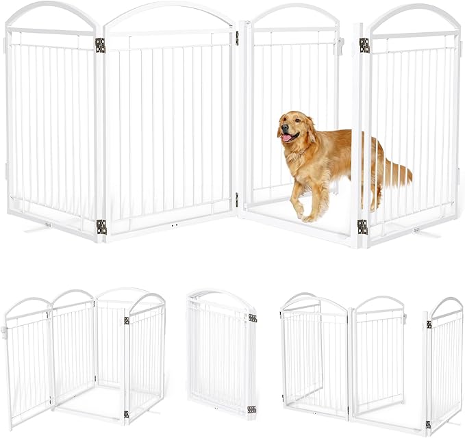 Full Metal Free Standing Dog Gate with Door for Outdoor Indoor,96'' Extra Wide 36'' Tall Dog Gates for Doorways,Large Openings,Decks,Porch,Freestanding Portable Pet Fence(4 Panels,White)