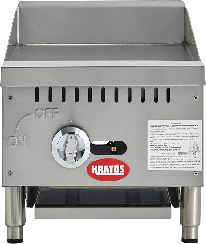 Kratos 15" Wide Commercial Countertop Griddle, Gas Hot Plate for Restaurants, Manual Control, 1 Burner, Compact Space Saving Gas Girddle, Powerful 30,000 BTU Output (29Y-176)