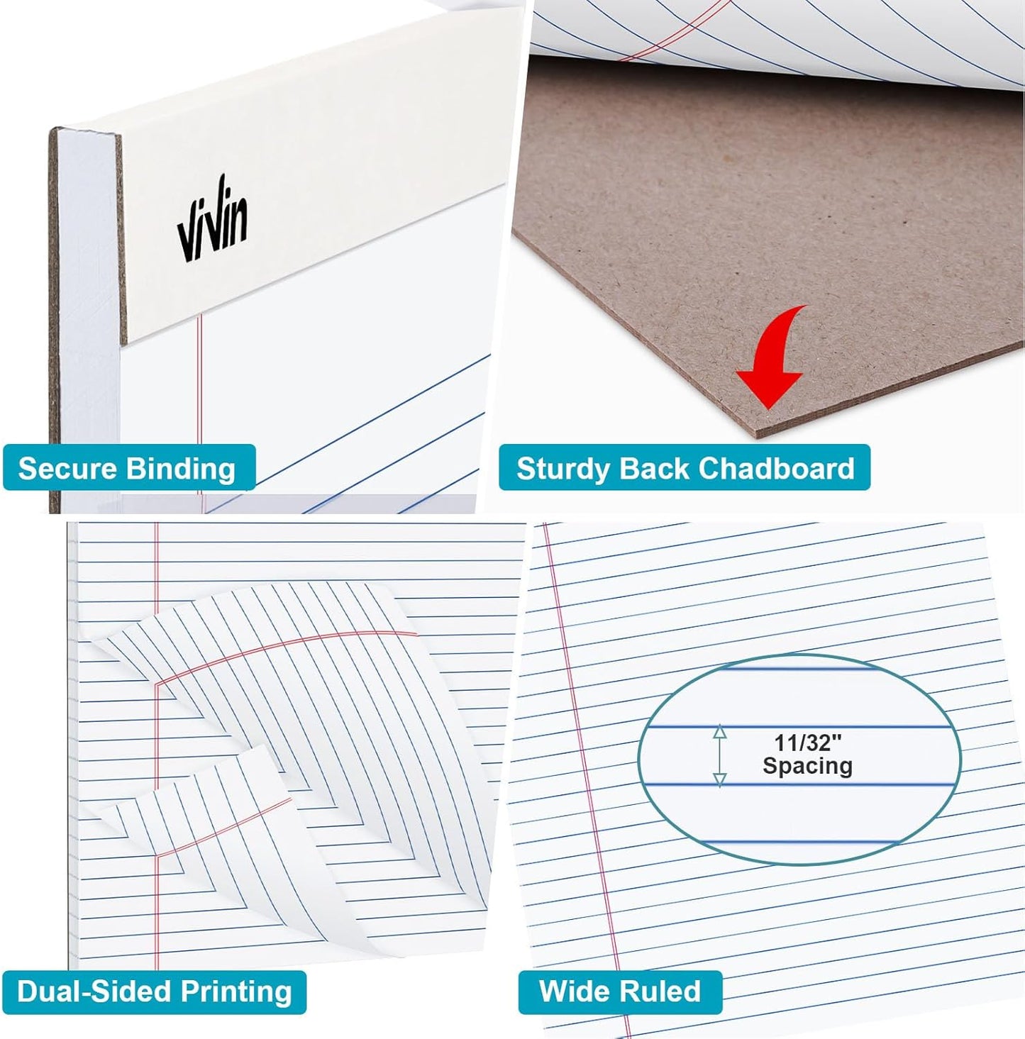 ViVin Legal Pads 8.5 x 11 Inch, Wide Ruled Note Pads, 12 Pack, 50 Sheet/Pad, Perforated Writing Pads, Notepads for Office Home School, 600 Sheets, White Paper