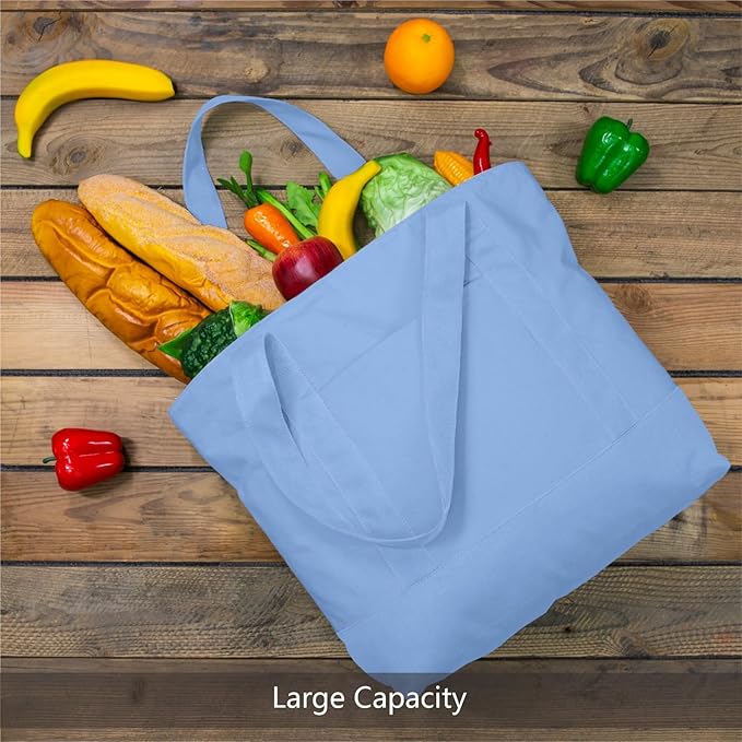 TOPDesign 6-Pack Canvas Tote Bags with an External Pocket, Reusable Grocery Shopping Bags, Top Zipper Closure, Daily Essentials (Light Blue)