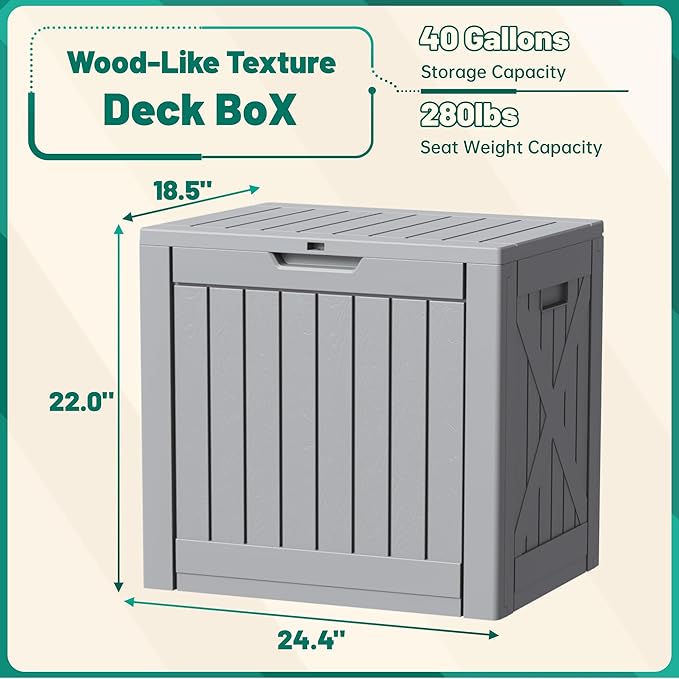 Devoko 40 Gallon Deck Box Outdoor Storage Box Waterproof for Patio, Large Outdoor Storage Bench Lockable for Outside (Gray, 40 Gallon)