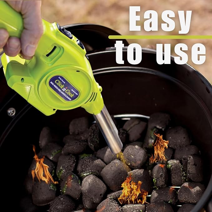 Click2Cook 2-in-1 Dual Nozzle BBQ Lighter & Blower – Refillable Butane Jet Torch & Battery Powered Fan – Professional Fire Starter for Charcoal Grills, Smokers, Fire Pits, & Sous Vide Searing