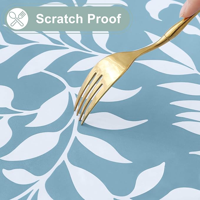 misaya Rectangle Waterproof Vinyl Table Cloth, Wipeable Tablecloth with Flannel Backing, Plastic Table Cover for Dinner, Picnic, Indoor and Outdoor (Blue Leaves, 52" x 70")