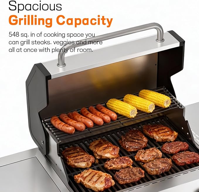 Veralune 4 Burner Gas Grill with Infrared Side Burner, Porcelain-Enameled Cast Iron Grates and Lockable Wheels, 55,000 BTU Output Stainless Steel Propane Grill for Backyard, Patio, Garden Cooking