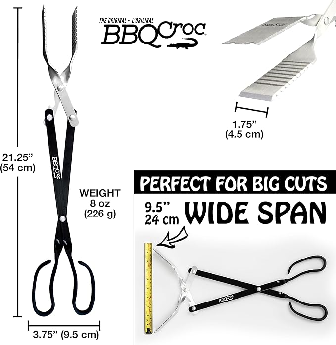 3-in-1 Barbecue Tool 21-inch by BBQ Croc - Extra Light and Xtra Long Tongs, Spatula and Grill Scraper (Black)