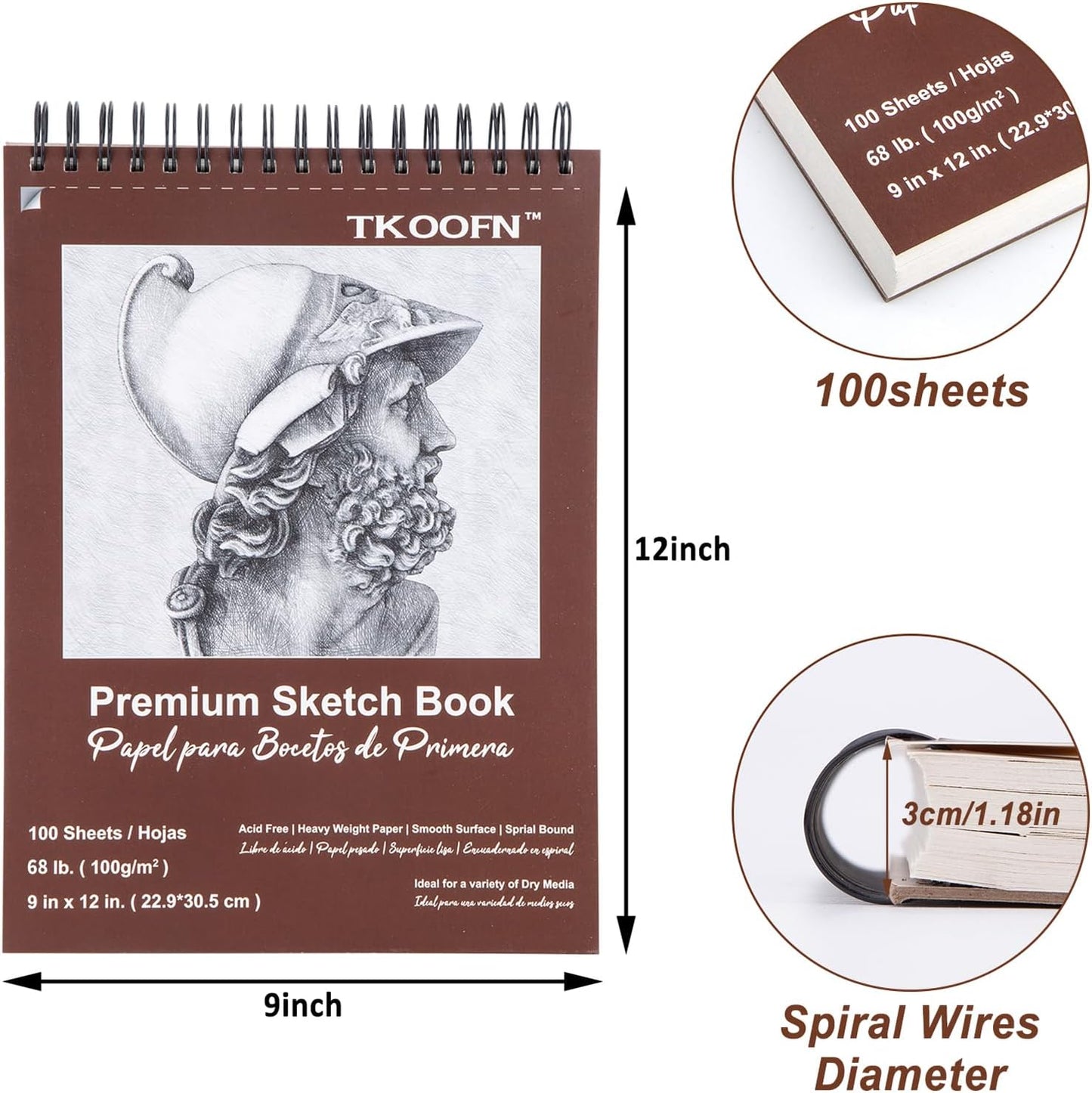 TKOOFN 9" x 12" Sketch Book, 5 Pack Top Spiral Bound Premium Sketchbook (68lb/100gsm), 500 Sheet Total Drawing Pads, Acid-Free Painting Paper for Adults Kids Artists Beginners