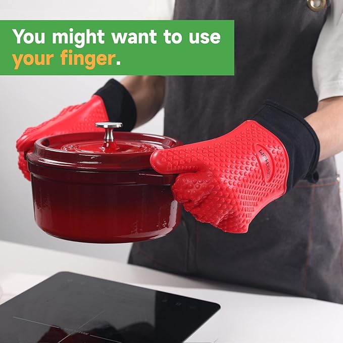 GEEKHOM BBQ Gloves Heat Resistant Oven Mitts - Silicone Grilling Gloves with 13.7" Arm Protection - Waterproof Pot Holder Non-Slip for Men & Women, Kitchen Outdoor Cooking, Baking, Camping, Red