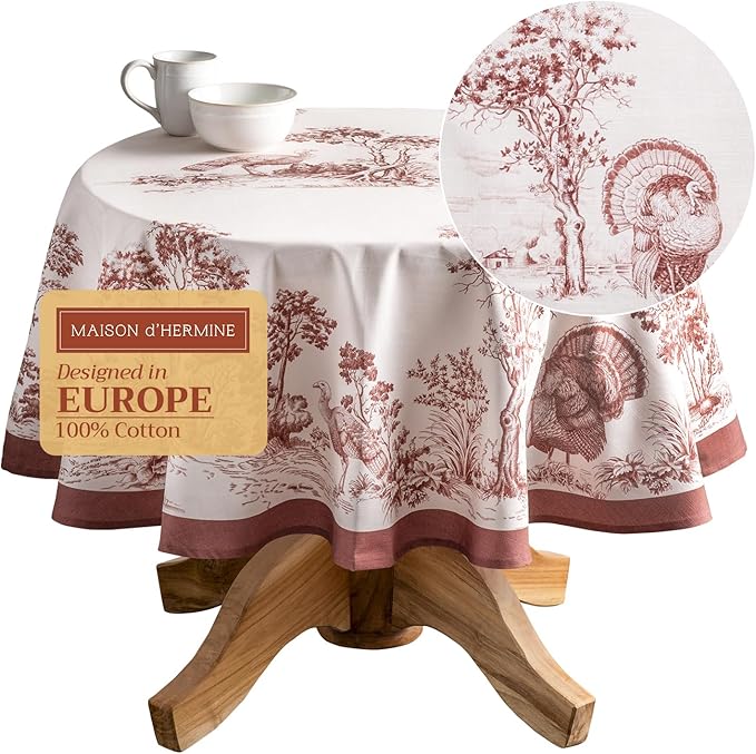 Maison d' Hermine Table Cloth Round Table 100% Cotton 69 Inches Fall Tablecloth Reusable Everyday Use for Thanksgiving Christmas Decorations Dining Farmhouse Party (Holy Jouy - Brown)