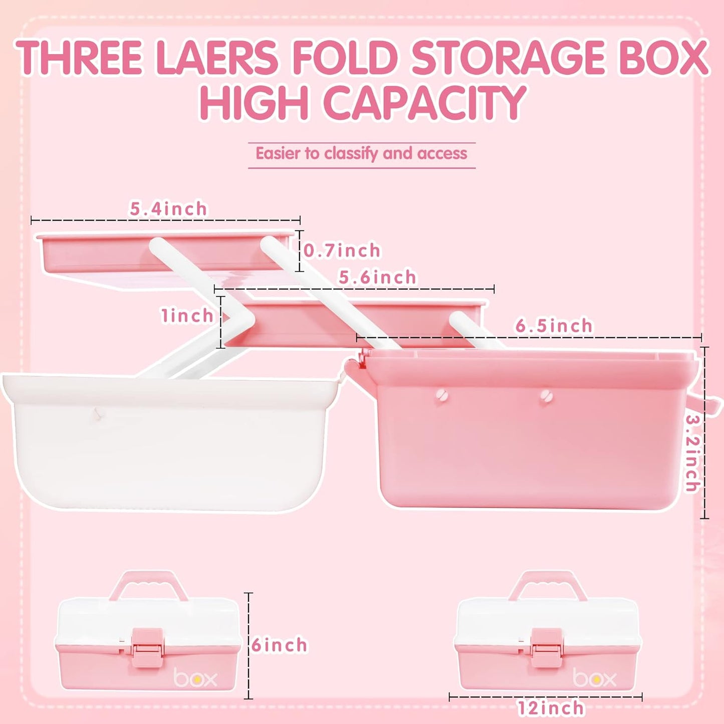 12in Three-Layer Multipurpose Storage Box Organizer Folding Tool Box/Art & Crafts Case/Sewing Supplies Organizer/Medicine Box/Family First Aid Box with 2 Trays (White Pink)