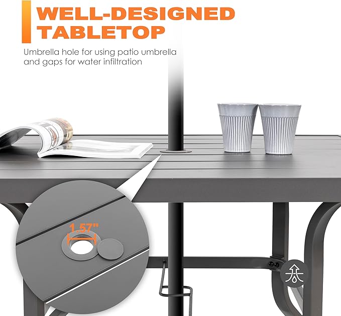 NUU GARDEN 37" Outdoor Patio Table, 4 Person Steel Slat Square Dining Table with 1.57" Umbrella Hole, Slatted Top and Powder Coated Iron Frame for Patio, Garden and Balcony, Gray