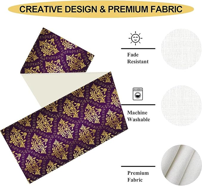 Vintage Table Runner, Retro Antique Gothic Purple Damask Floral Flower Pattern Classic Boho Coffee Table Center Decor for Kitchen and Dining Outdoor Home Country Party Table Decorations, 13"x90"