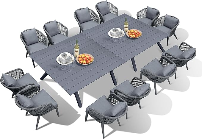 PURPLE LEAF 14 Pieces Patio Dining Set Wicker Outdoor Furniture Oversize Rectangular Table and Chairs Set for Garden Deck Aluminum Frame Backyard Kitchen Set, Cushions and Pillows Included Grey